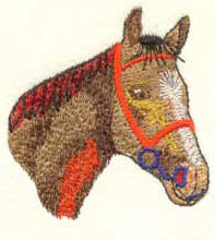 Stallion head frontal view with brown Fur coat textured with directional run stitches for distinctive mane and appearance
