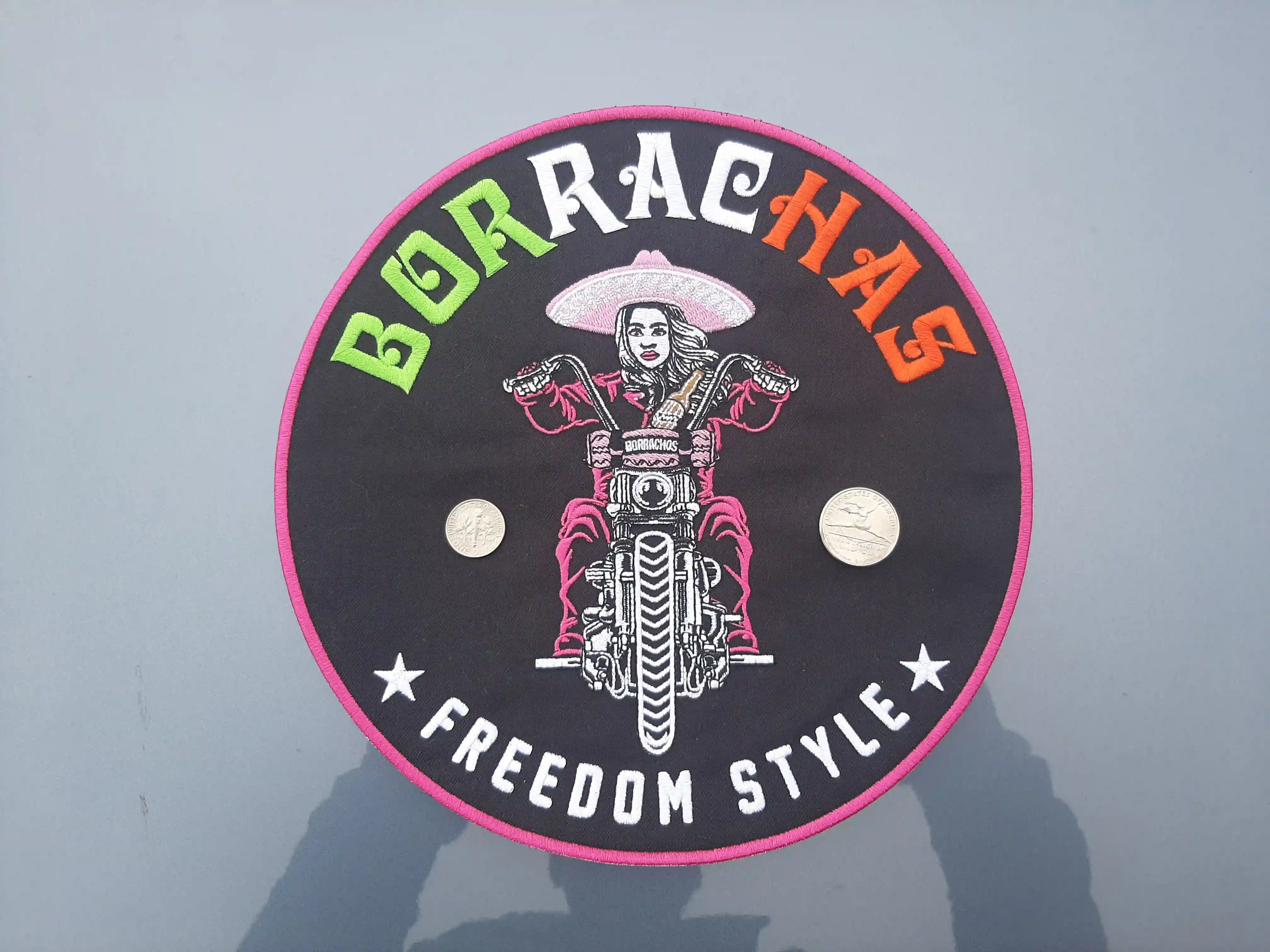 Jacket Full Back Motor bike club design. Pink pant and Sombrero hat adorned womans biker club center design for the set of 5 patches with Crisp details – Embroidered Patches