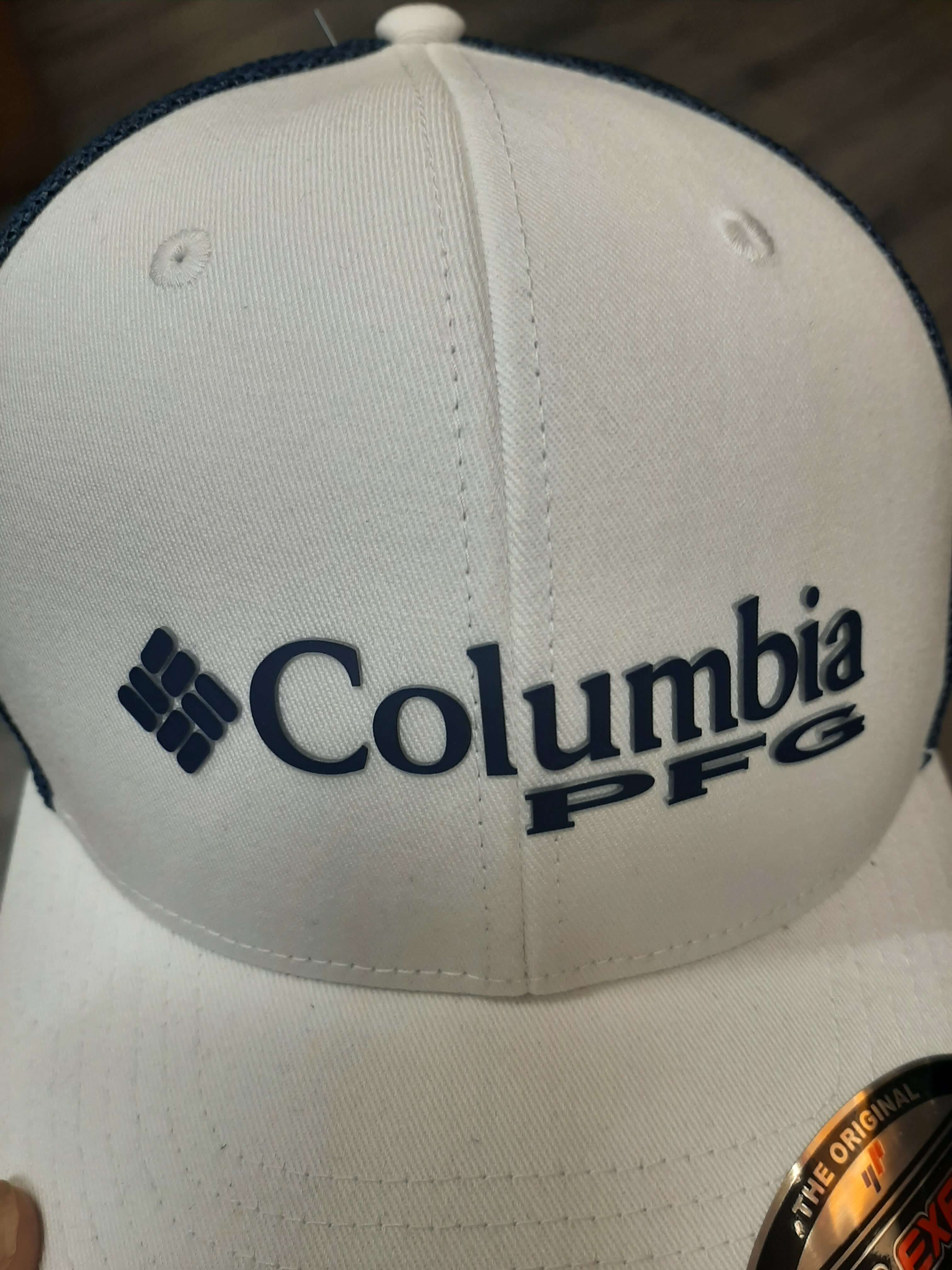 Medium Thickness Embossed Silicone Transfer Stickers with Columbia PFG Icon and Text on the 5 panel Cap Front with Heat Pres – High Density 3D Transfers